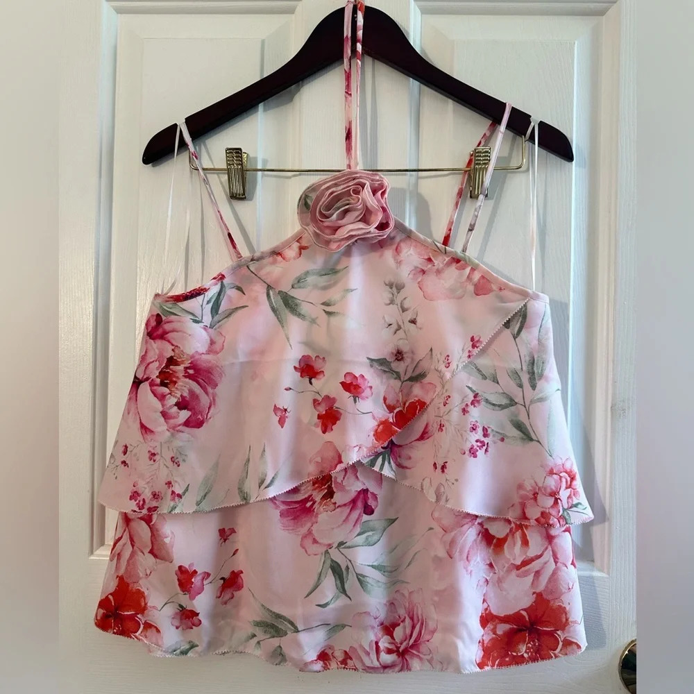 NWT CUPCAKES and CASHMERE Rose Embellished Blouse SMALL Pink Red Tiered S Neck